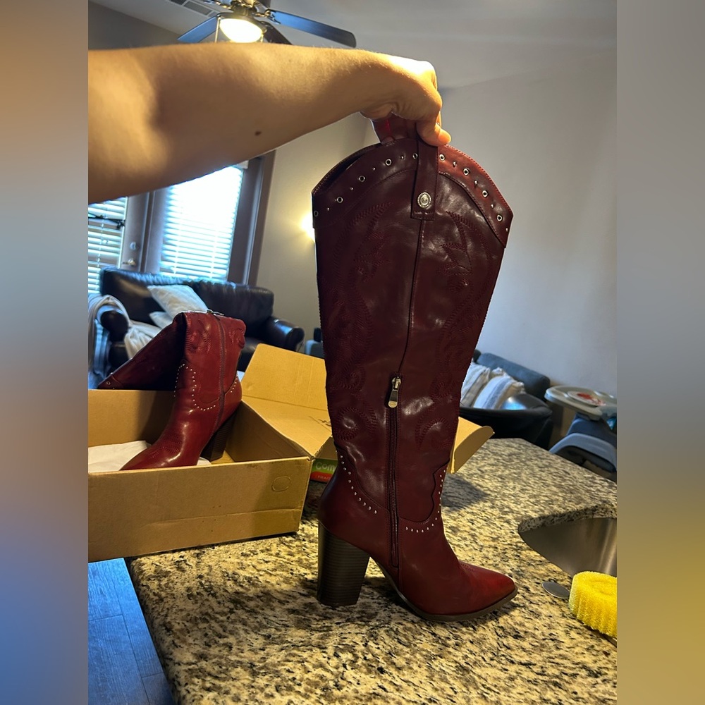 VOMIRA Knee High Cowboy Boots Pointed Toe Chunky Western Wide Calf Cowgirl Boots - Picture 12 of 16